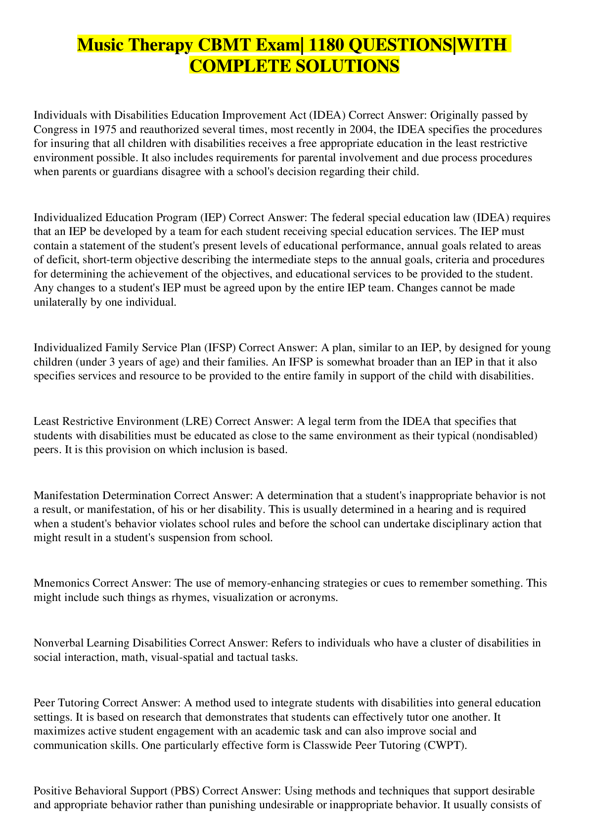 Preview image for Music Therapy CBMT Exam| 1180 QUESTIONS|WITH COMPLETE SOLUTIONS